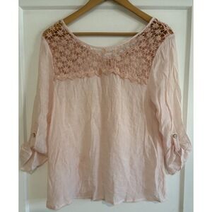Active USA Pink Boho Crochet Lace Yoke Blouse Peasant Top Gauze 3/4 Roll Tab LG